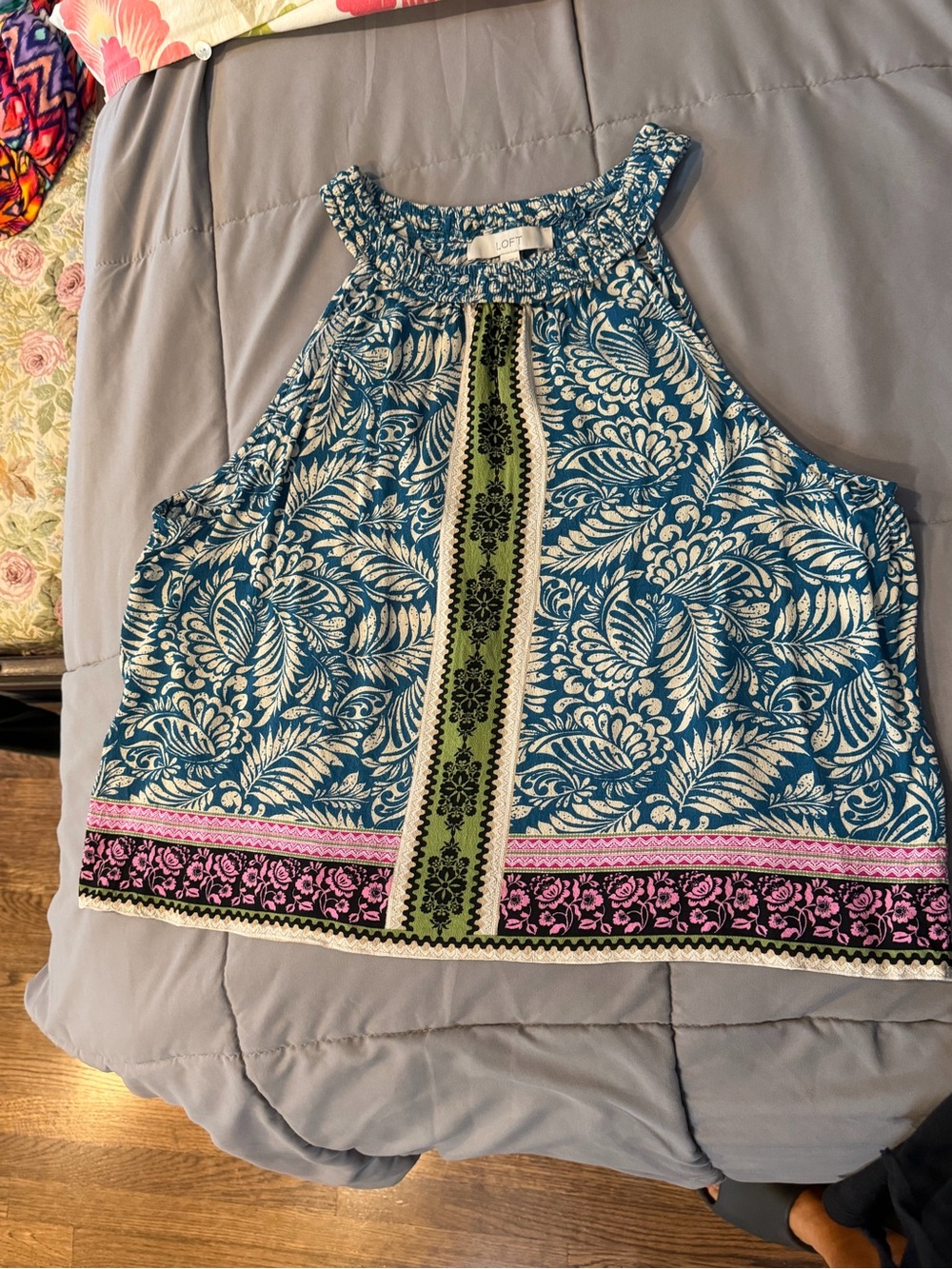 LOFT Blue Floral Halter Crop Tank with Pink & Green Trim